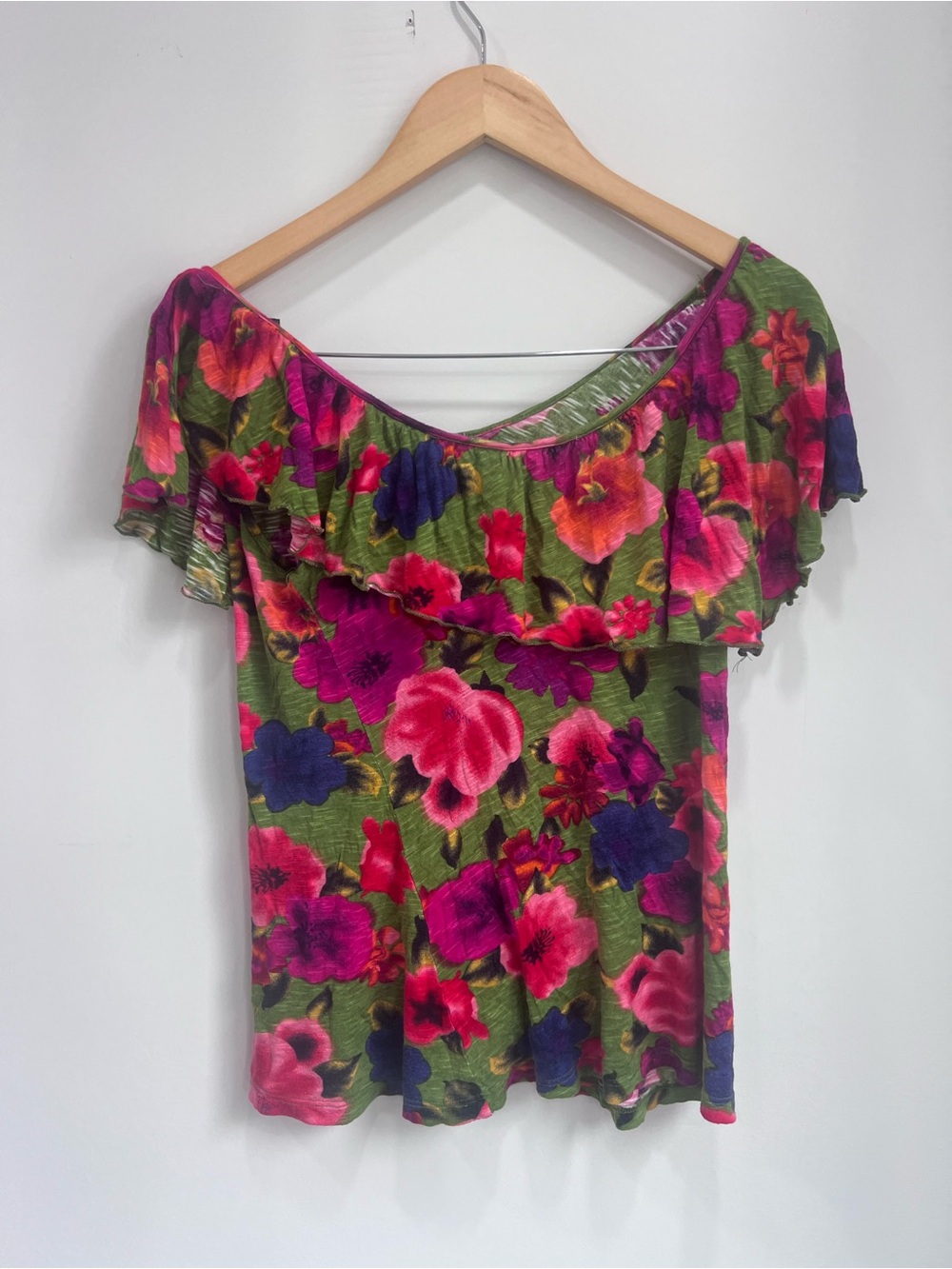 Lush Off-Shoulder Floral Ruffle Top - Green/Multi